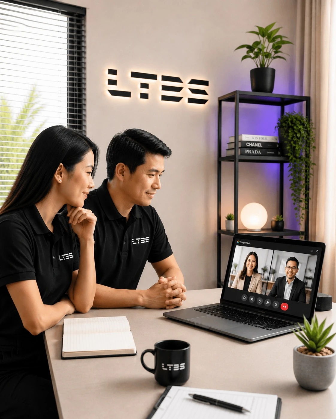 Filipino applicants in LTBS team uniforms meeting an HR recruitment team through a remote video call
