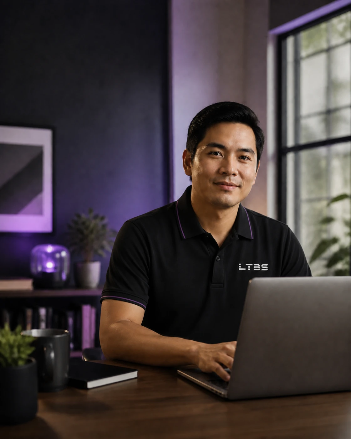 An LTBS Filipino remote professional working confidently at a laptop in an official team uniform